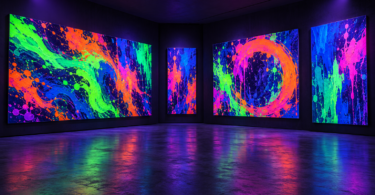 Conceptual illustration of fluorescent abstract artwork glowing under unbranded violet lighting in an empty exhibition room.