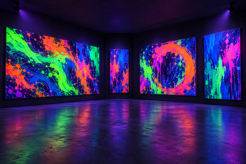 Conceptual illustration of fluorescent abstract artwork glowing under unbranded violet lighting in an empty exhibition room.