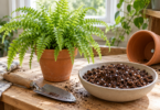 A green fern in a terracotta pot beside a bowl of potting mix, a hand trowel and an empty pot with a drainage hole.