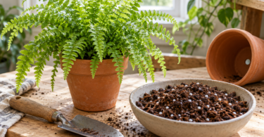 A green fern in a terracotta pot beside a bowl of potting mix, a hand trowel and an empty pot with a drainage hole.