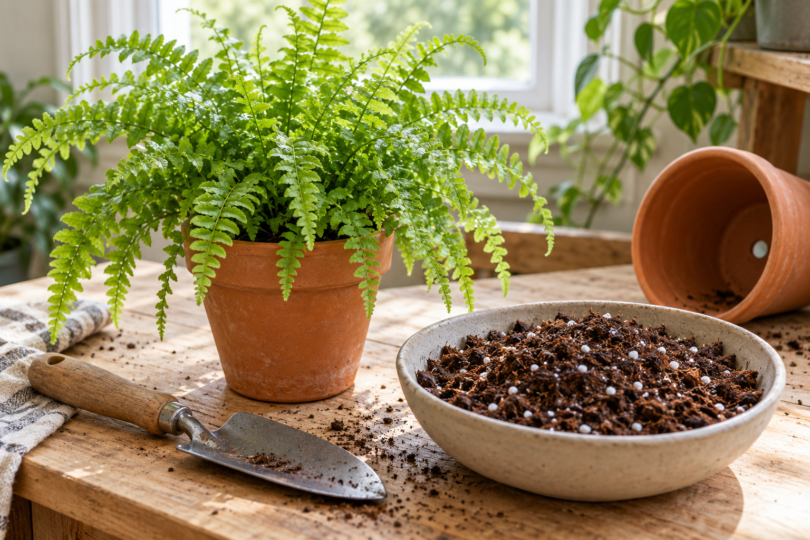 A green fern in a terracotta pot beside a bowl of potting mix, a hand trowel and an empty pot with a drainage hole.