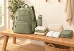 Conceptual illustration of an unbranded sage backpack on a wooden bench beside a water bottle, folded clothes, diapers and small organizers.