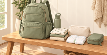 Conceptual illustration of an unbranded sage backpack on a wooden bench beside a water bottle, folded clothes, diapers and small organizers.