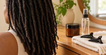 An adult with loose natural locs beside an unbranded amber jar, clear spray bottle and sectioning clips on a cream towel.