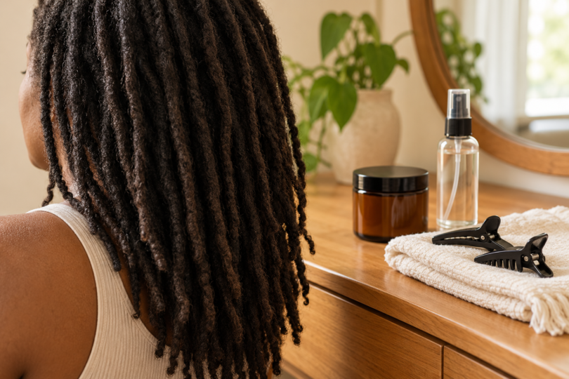 An adult with loose natural locs beside an unbranded amber jar, clear spray bottle and sectioning clips on a cream towel.