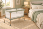 An empty, unbranded bassinet with raised mesh sides and a flat fitted sheet beside a separate adult bed.