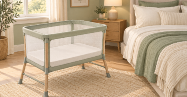 An empty, unbranded bassinet with raised mesh sides and a flat fitted sheet beside a separate adult bed.