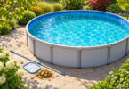 Conceptual illustration of a round above-ground pool with clear blue water, a skimmer net and pole on the dry patio, and a small pile of leaves.