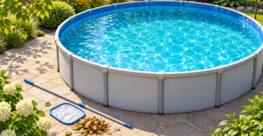 Conceptual illustration of a round above-ground pool with clear blue water, a skimmer net and pole on the dry patio, and a small pile of leaves.