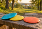 Conceptual unbranded disc golf drivers on a bench with a chain basket and grassy fairway behind them.