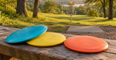 Conceptual unbranded disc golf drivers on a bench with a chain basket and grassy fairway behind them.