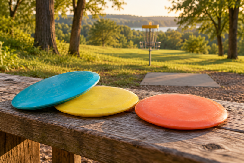 Conceptual unbranded disc golf drivers on a bench with a chain basket and grassy fairway behind them.