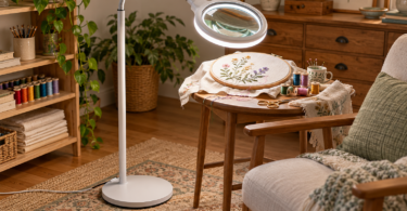 Conceptual unbranded magnifying floor lamp positioned over an embroidery hoop beside a chair.