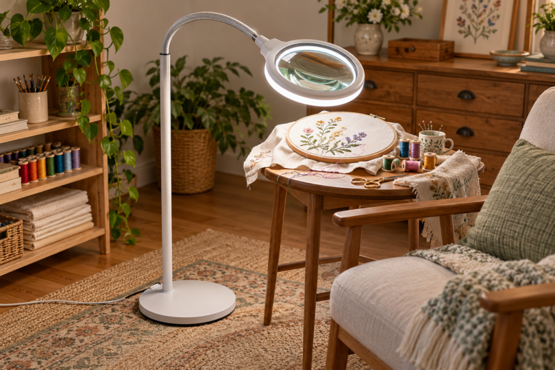 Conceptual unbranded magnifying floor lamp positioned over an embroidery hoop beside a chair.