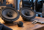 Conceptual illustration of two unbranded coaxial car speakers, a separate tweeter and a measuring caliper on a garage workbench beside a car with its door open.