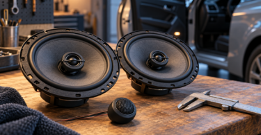 Conceptual illustration of two unbranded coaxial car speakers, a separate tweeter and a measuring caliper on a garage workbench beside a car with its door open.