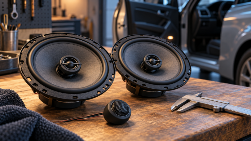 Conceptual illustration of two unbranded coaxial car speakers, a separate tweeter and a measuring caliper on a garage workbench beside a car with its door open.
