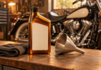 Conceptual garage illustration of an unbranded oil bottle and funnel with a V-twin cruiser motorcycle in the background