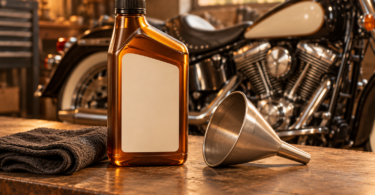 Conceptual garage illustration of an unbranded oil bottle and funnel with a V-twin cruiser motorcycle in the background