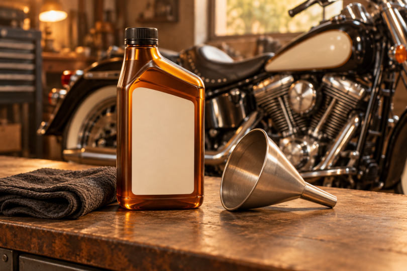 Conceptual garage illustration of an unbranded oil bottle and funnel with a V-twin cruiser motorcycle in the background