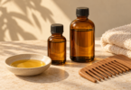 Conceptual still life of two unbranded amber oil bottles, a ceramic dish of golden oil, a wooden comb and a cream towel.