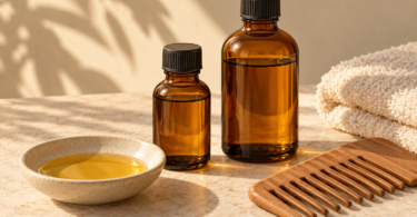 Conceptual still life of two unbranded amber oil bottles, a ceramic dish of golden oil, a wooden comb and a cream towel.