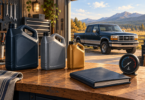 Conceptual illustration of three unbranded oil jugs, a service booklet and a temperature gauge on a workshop bench, with an older pickup outside.