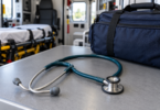An unbranded teal stethoscope on a work surface beside a navy emergency medical bag, with an ambulance interior softly blurred behind it.