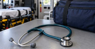 An unbranded teal stethoscope on a work surface beside a navy emergency medical bag, with an ambulance interior softly blurred behind it.
