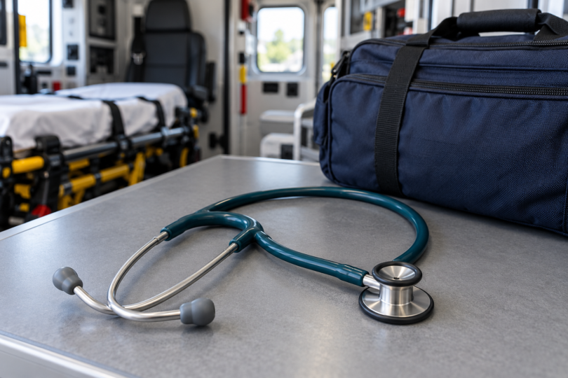 An unbranded teal stethoscope on a work surface beside a navy emergency medical bag, with an ambulance interior softly blurred behind it.