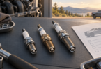 Conceptual illustration of three unbranded spark plugs on a workshop mat beside a vehicle checklist, with a pickup in the background.