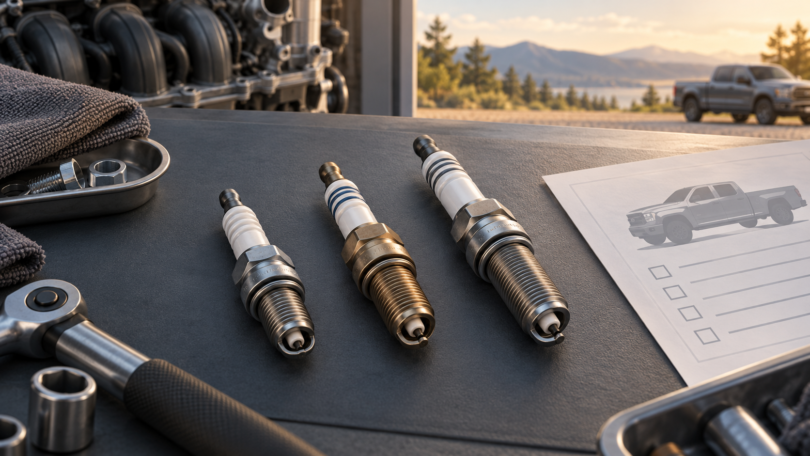 Conceptual illustration of three unbranded spark plugs on a workshop mat beside a vehicle checklist, with a pickup in the background.