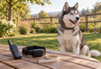 A calm Husky wearing a plain collar in a fenced garden, with an unbranded remote-training collar and measuring tape resting on a nearby table.