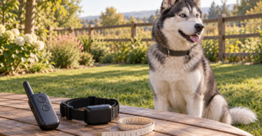 A calm Husky wearing a plain collar in a fenced garden, with an unbranded remote-training collar and measuring tape resting on a nearby table.