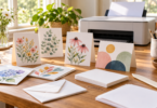 Botanical and abstract greeting cards, blank envelopes and a scoring tool on a wooden desk with an unbranded printer behind them.