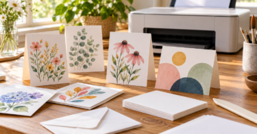 Botanical and abstract greeting cards, blank envelopes and a scoring tool on a wooden desk with an unbranded printer behind them.