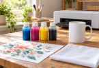 Four unbranded cyan, magenta, yellow and black ink bottles beside a floral print, white fabric and a plain white mug, with a printer behind them.