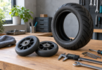Two small solid scooter wheels, a larger pneumatic tire and measuring tools arranged on a workbench.