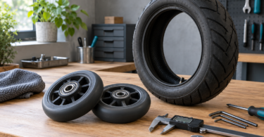 Two small solid scooter wheels, a larger pneumatic tire and measuring tools arranged on a workbench.