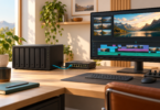 Conceptual illustration of an unbranded multi-bay NAS connected to an Ethernet switch beside a monitor showing a video timeline.
