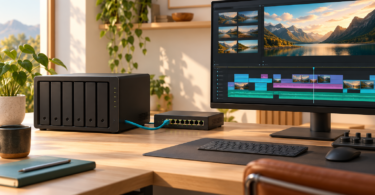 Conceptual illustration of an unbranded multi-bay NAS connected to an Ethernet switch beside a monitor showing a video timeline.
