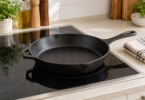 Unbranded cast-iron skillet resting on an unlit black glass cooktop beside a folded mitt on the countertop.