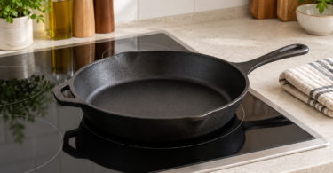 Unbranded cast-iron skillet resting on an unlit black glass cooktop beside a folded mitt on the countertop.
