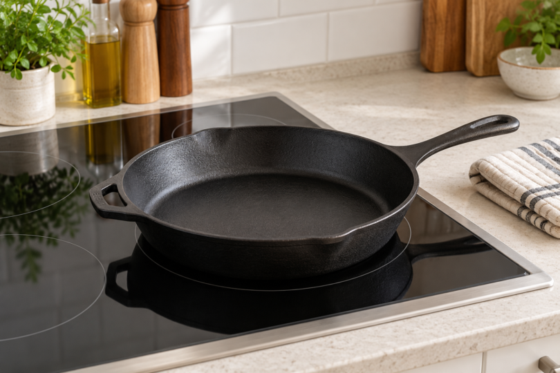 Unbranded cast-iron skillet resting on an unlit black glass cooktop beside a folded mitt on the countertop.