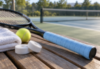 A tennis racket with a pale blue overgrip rests on a wooden bench beside white grip rolls, a towel and a tennis ball.