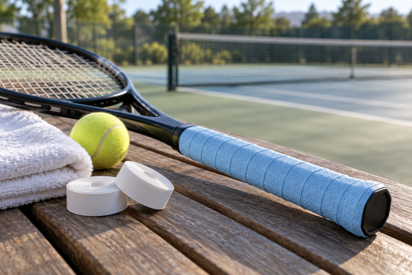 A tennis racket with a pale blue overgrip rests on a wooden bench beside white grip rolls, a towel and a tennis ball.