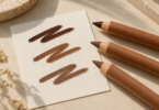 Conceptual still life of three unbranded brown lip pencils beside deep brown, golden brown and neutral brown swatches on an ivory card.