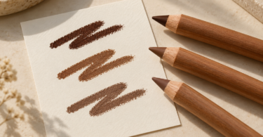 Conceptual still life of three unbranded brown lip pencils beside deep brown, golden brown and neutral brown swatches on an ivory card.