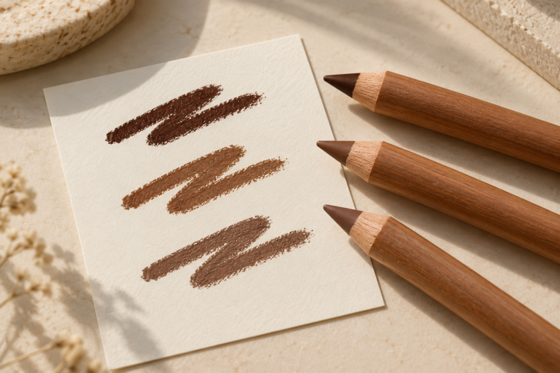 Conceptual still life of three unbranded brown lip pencils beside deep brown, golden brown and neutral brown swatches on an ivory card.
