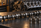 Conceptual illustration of an unbranded camshaft and a small group of lifters on a workshop bench, with an engine block behind them.